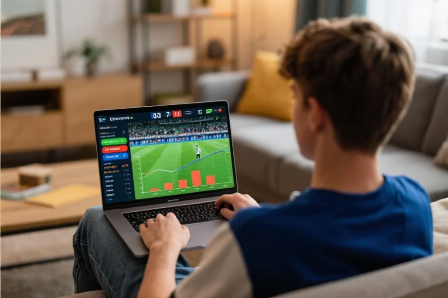 一位年轻体育迷在家中通过笔记本电脑专注观看体育直播，屏幕上显示实时比分和分析图表