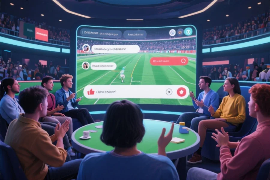 多人在虚拟社区中热烈讨论体育赛事，屏幕上显示评论和点赞互动
